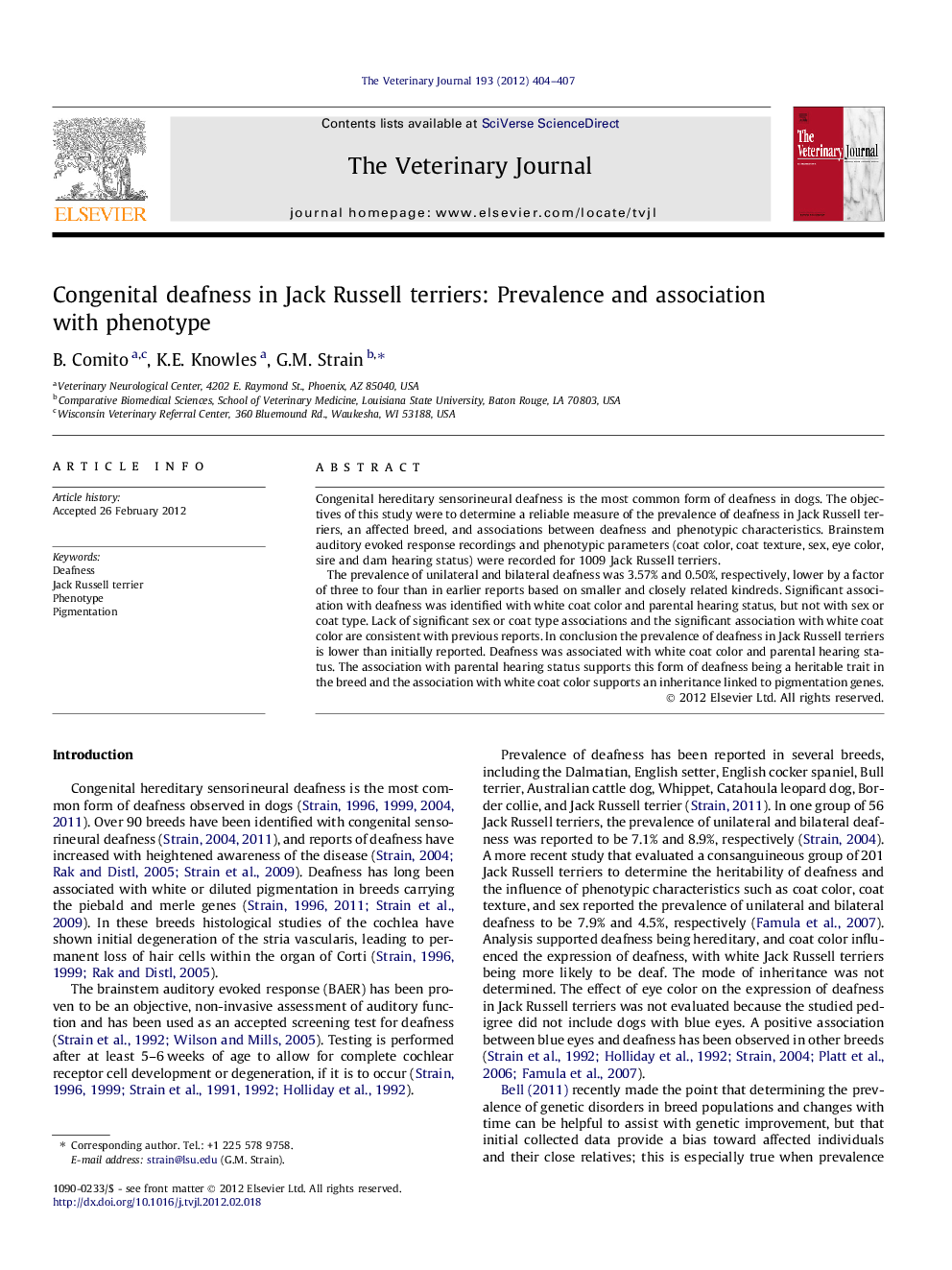 Congenital deafness in Jack Russell terriers: Prevalence and association with phenotype