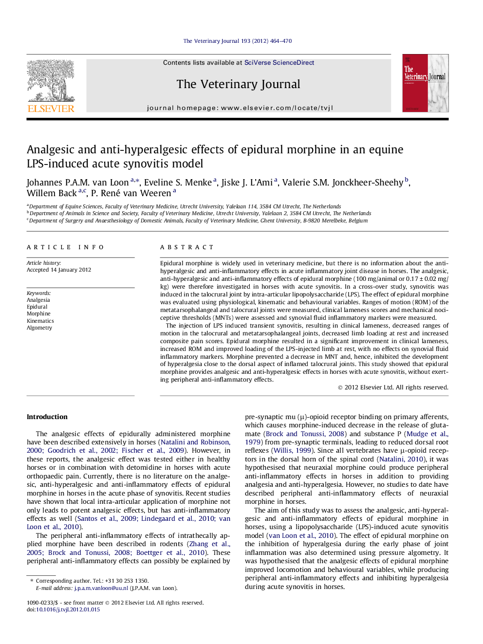 Analgesic and anti-hyperalgesic effects of epidural morphine in an equine LPS-induced acute synovitis model