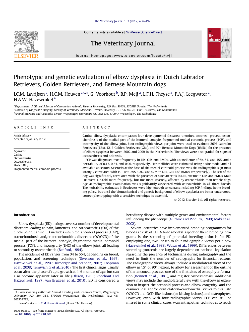 Phenotypic and genetic evaluation of elbow dysplasia in Dutch Labrador Retrievers, Golden Retrievers, and Bernese Mountain dogs