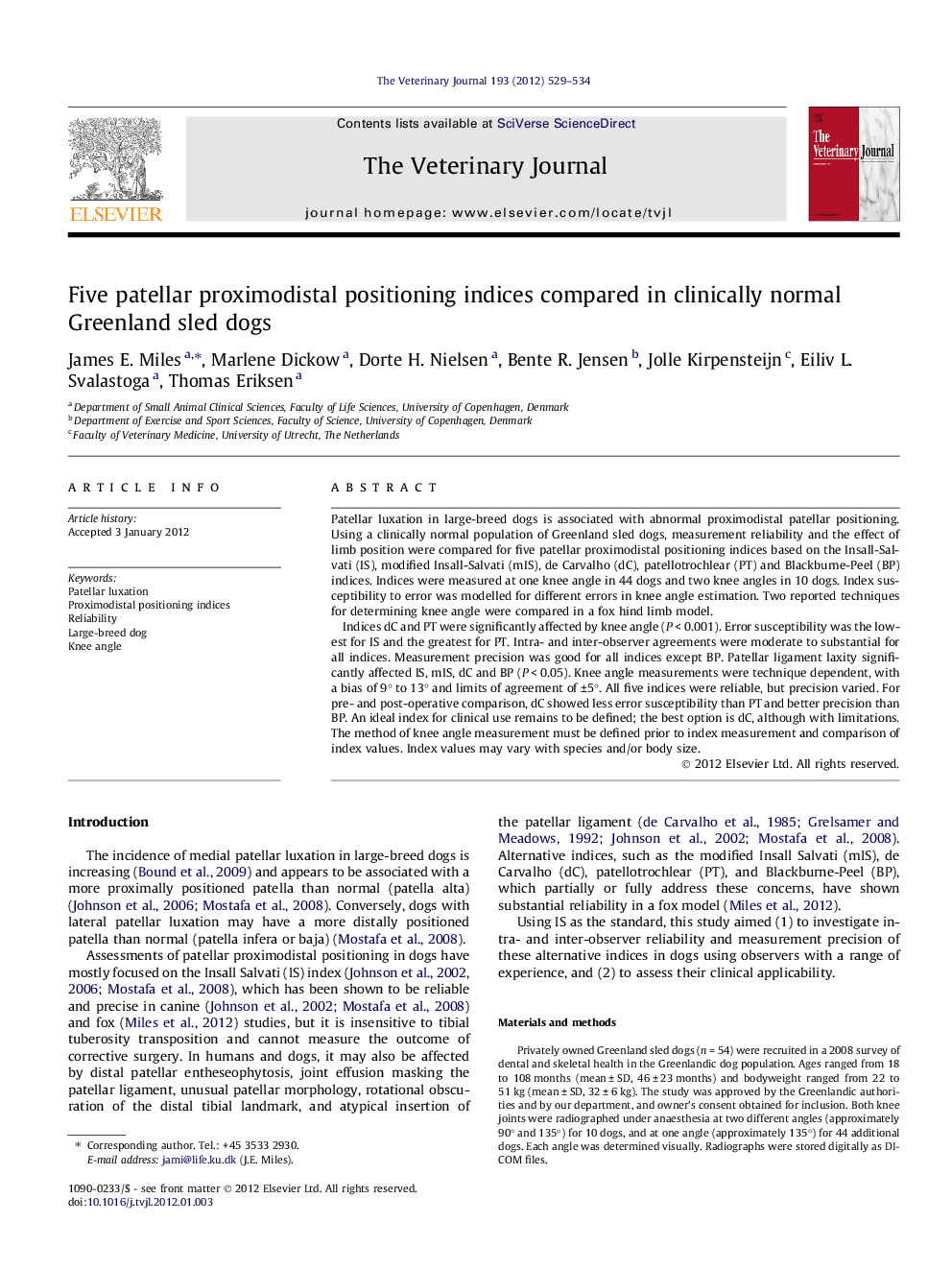 Five patellar proximodistal positioning indices compared in clinically normal Greenland sled dogs