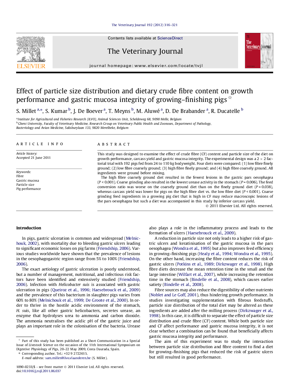 Effect of particle size distribution and dietary crude fibre content on growth performance and gastric mucosa integrity of growing-finishing pigs