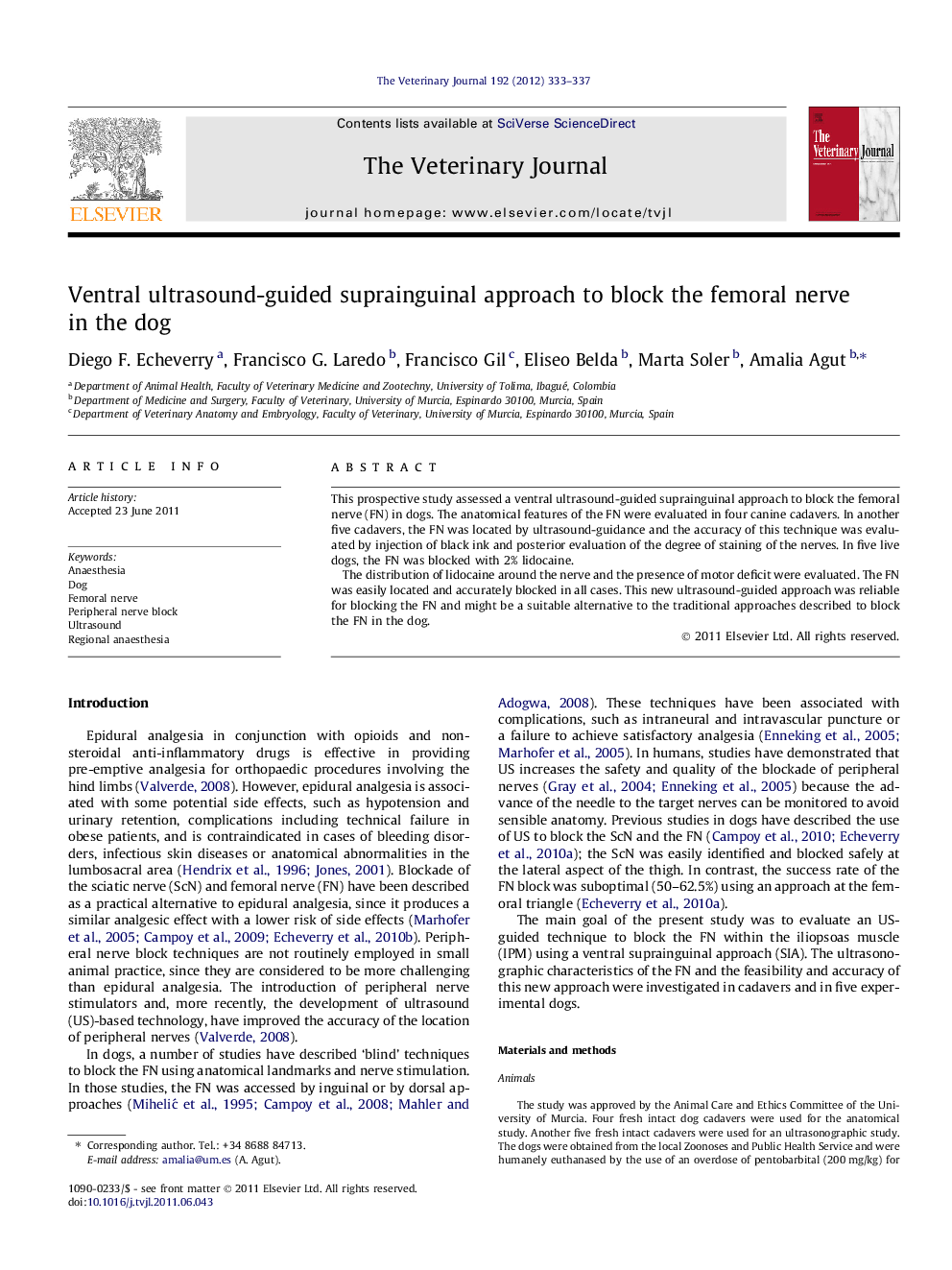 Ventral ultrasound-guided suprainguinal approach to block the femoral nerve in the dog