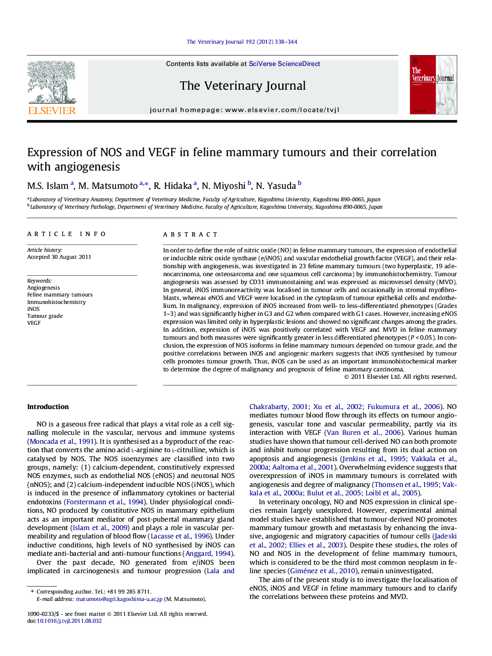 Expression of NOS and VEGF in feline mammary tumours and their correlation with angiogenesis