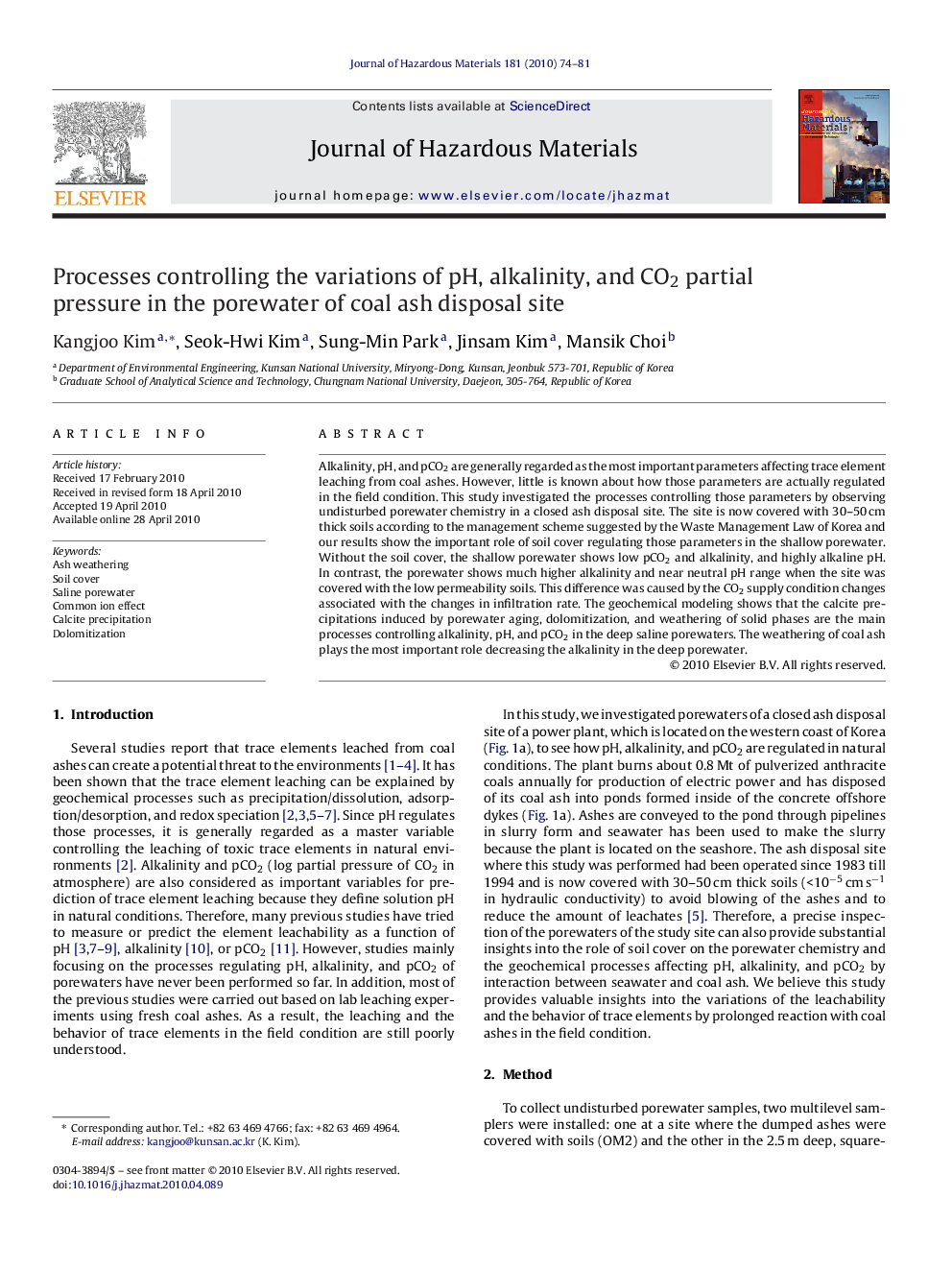 Processes controlling the variations of pH, alkalinity, and CO2 partial pressure in the porewater of coal ash disposal site