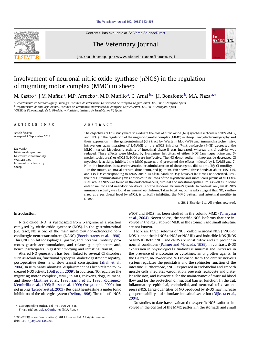 Involvement of neuronal nitric oxide synthase (nNOS) in the regulation of migrating motor complex (MMC) in sheep