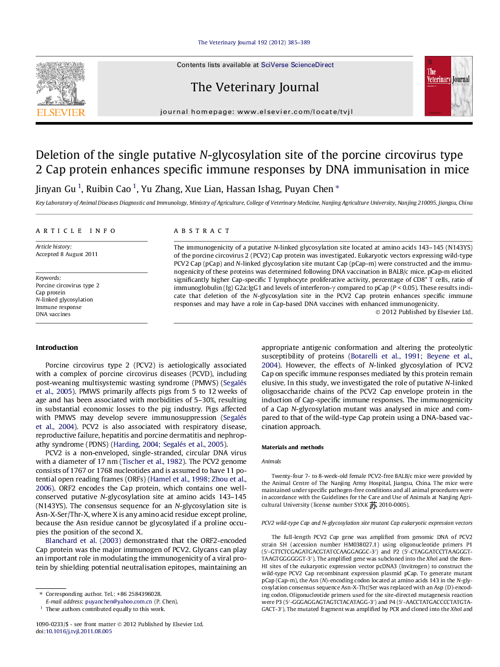 Deletion of the single putative N-glycosylation site of the porcine circovirus type 2 Cap protein enhances specific immune responses by DNA immunisation in mice