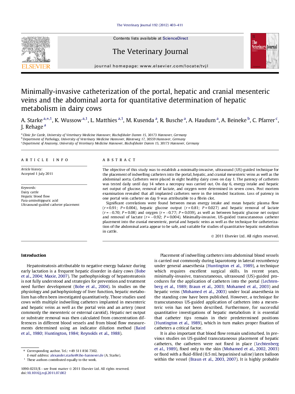 Minimally-invasive catheterization of the portal, hepatic and cranial mesenteric veins and the abdominal aorta for quantitative determination of hepatic metabolism in dairy cows