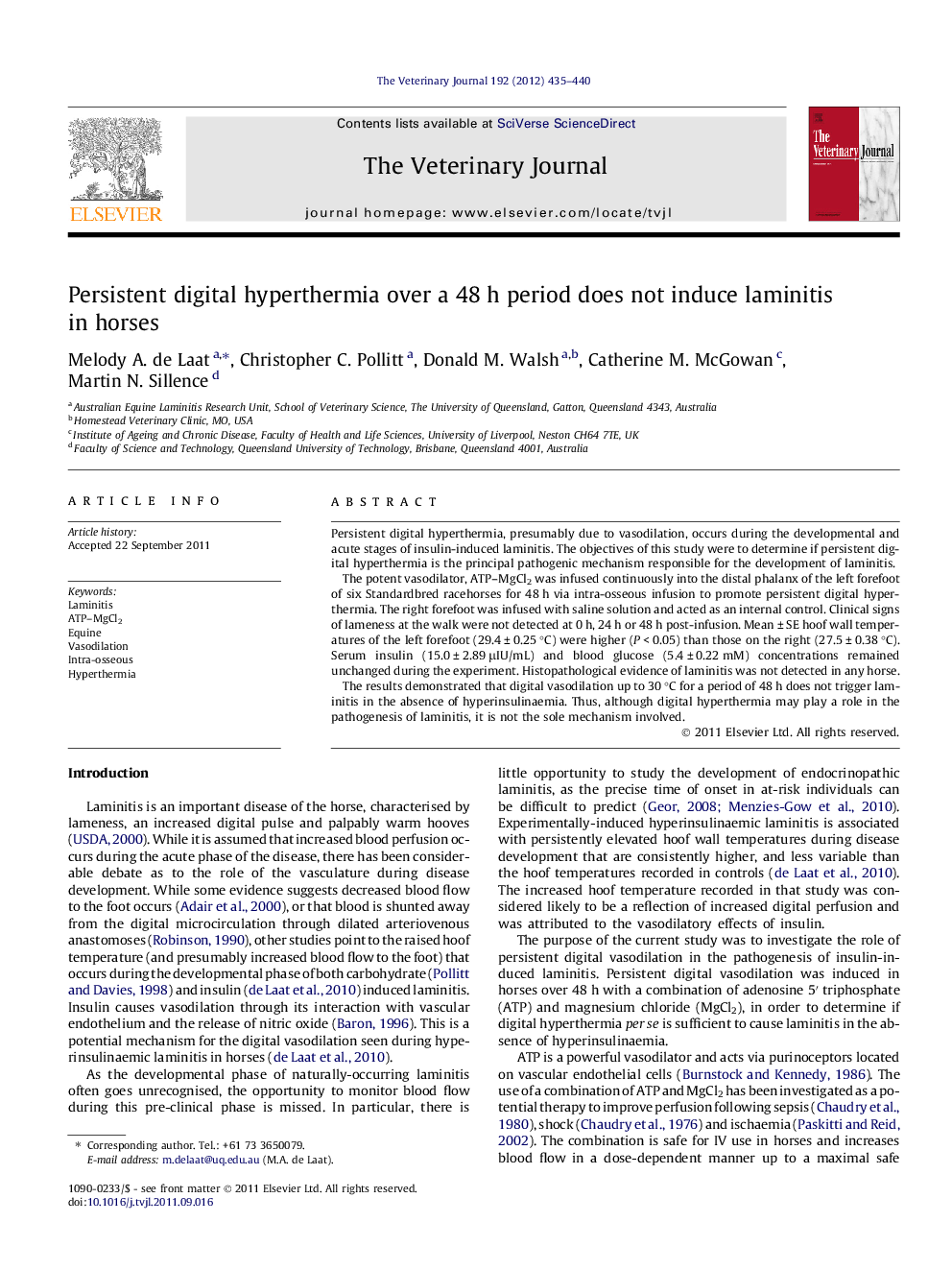 Persistent digital hyperthermia over a 48 h period does not induce laminitis in horses