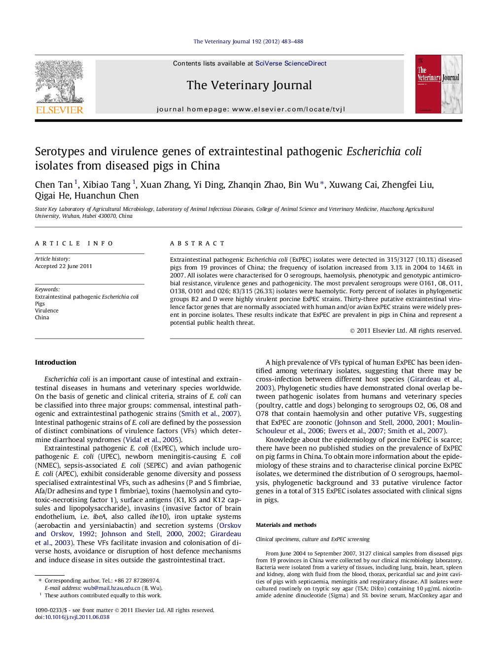 Serotypes and virulence genes of extraintestinal pathogenic Escherichia coli isolates from diseased pigs in China