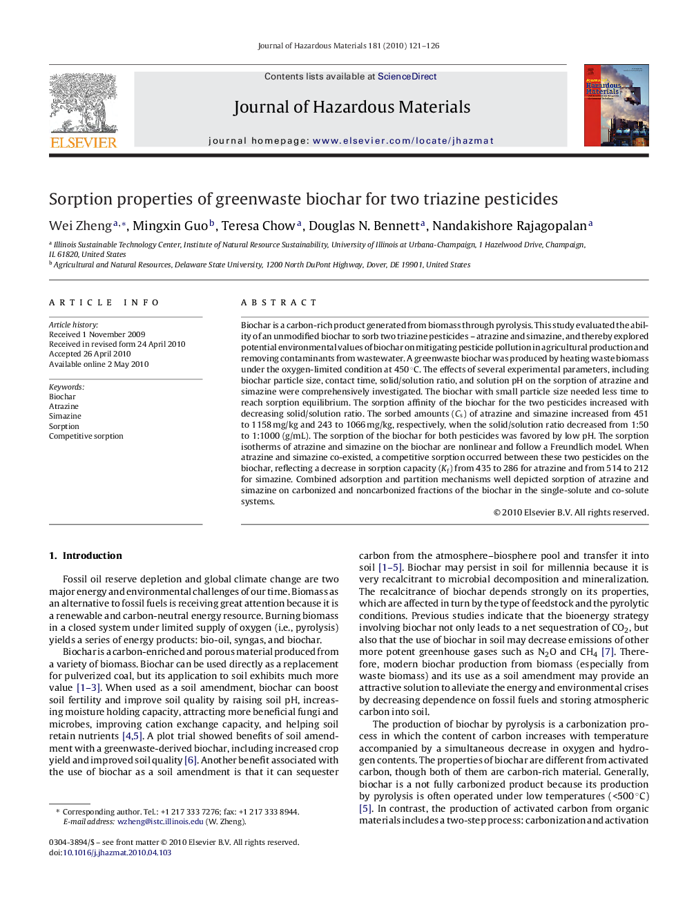 Sorption properties of greenwaste biochar for two triazine pesticides