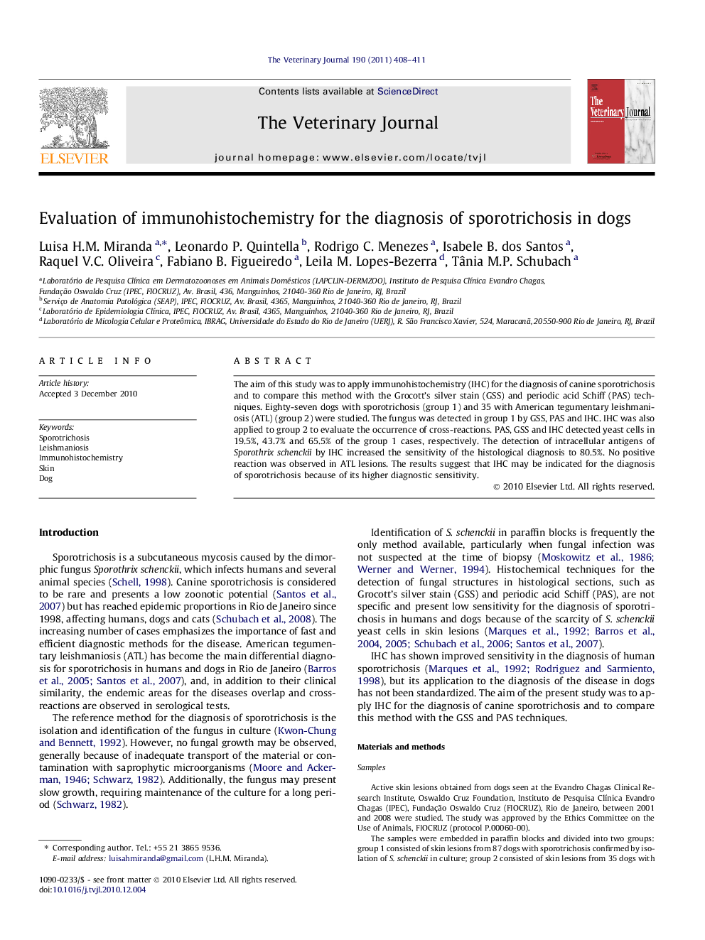 Evaluation of immunohistochemistry for the diagnosis of sporotrichosis in dogs