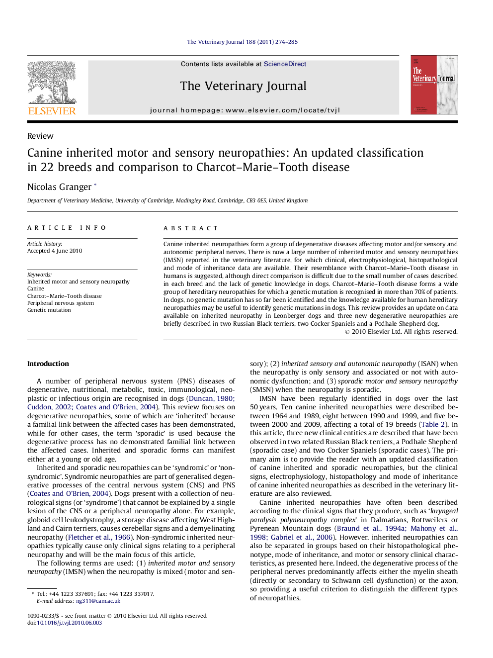 Canine inherited motor and sensory neuropathies: An updated classification in 22 breeds and comparison to Charcot-Marie-Tooth disease