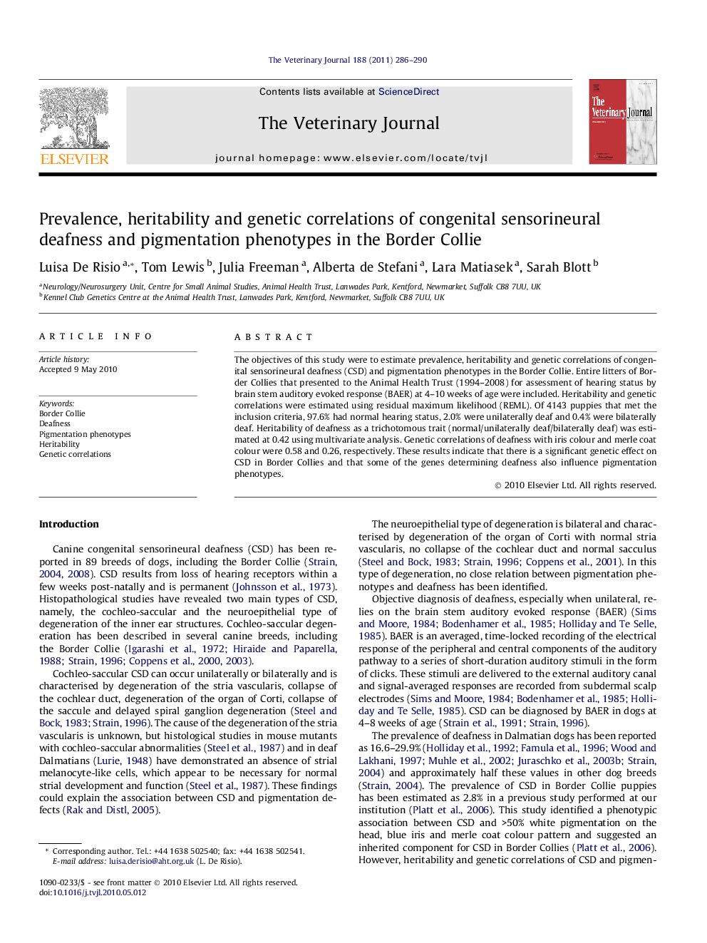 Prevalence, heritability and genetic correlations of congenital sensorineural deafness and pigmentation phenotypes in the Border Collie