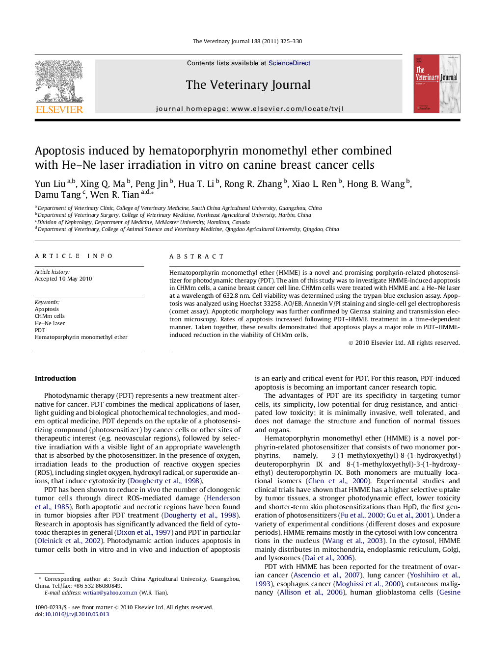 Apoptosis induced by hematoporphyrin monomethyl ether combined with He-Ne laser irradiation in vitro on canine breast cancer cells