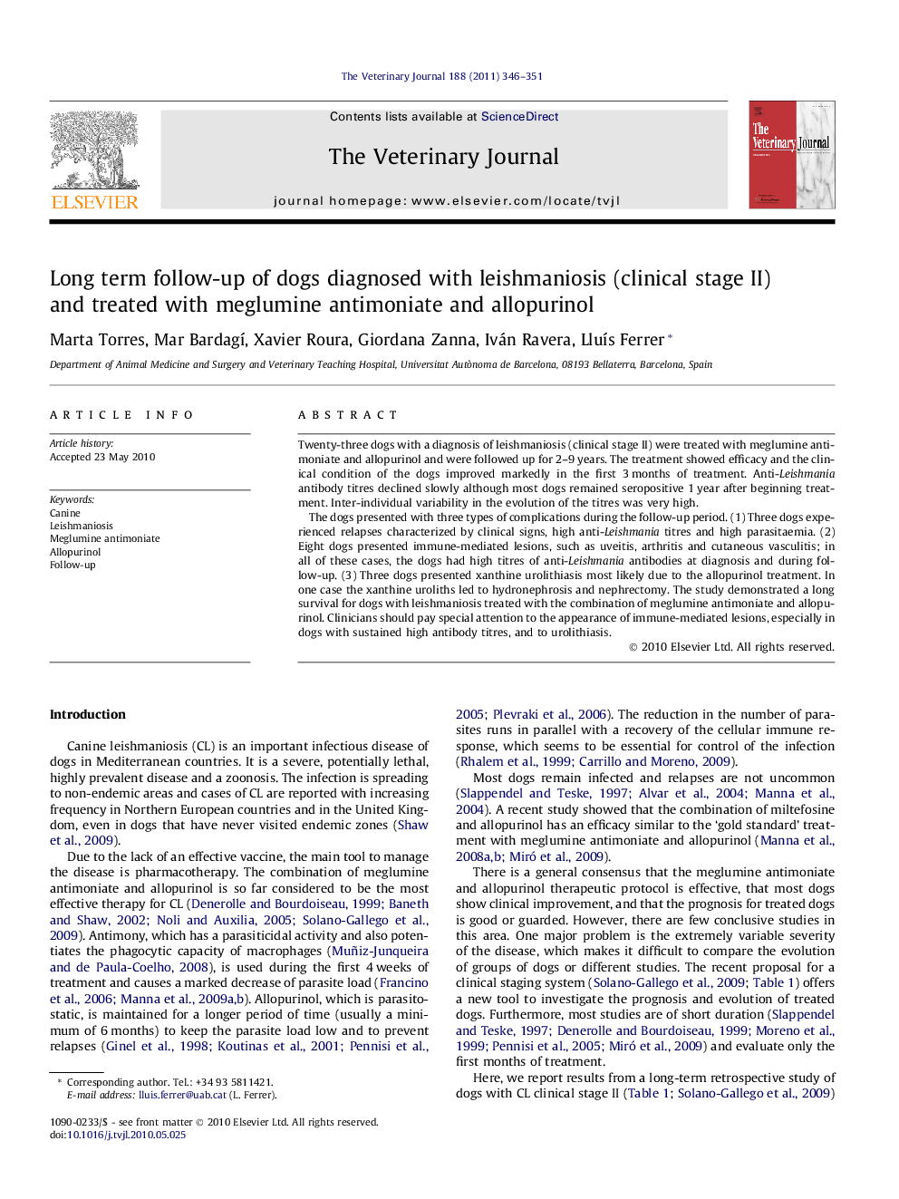 Long term follow-up of dogs diagnosed with leishmaniosis (clinical stage II) and treated with meglumine antimoniate and allopurinol