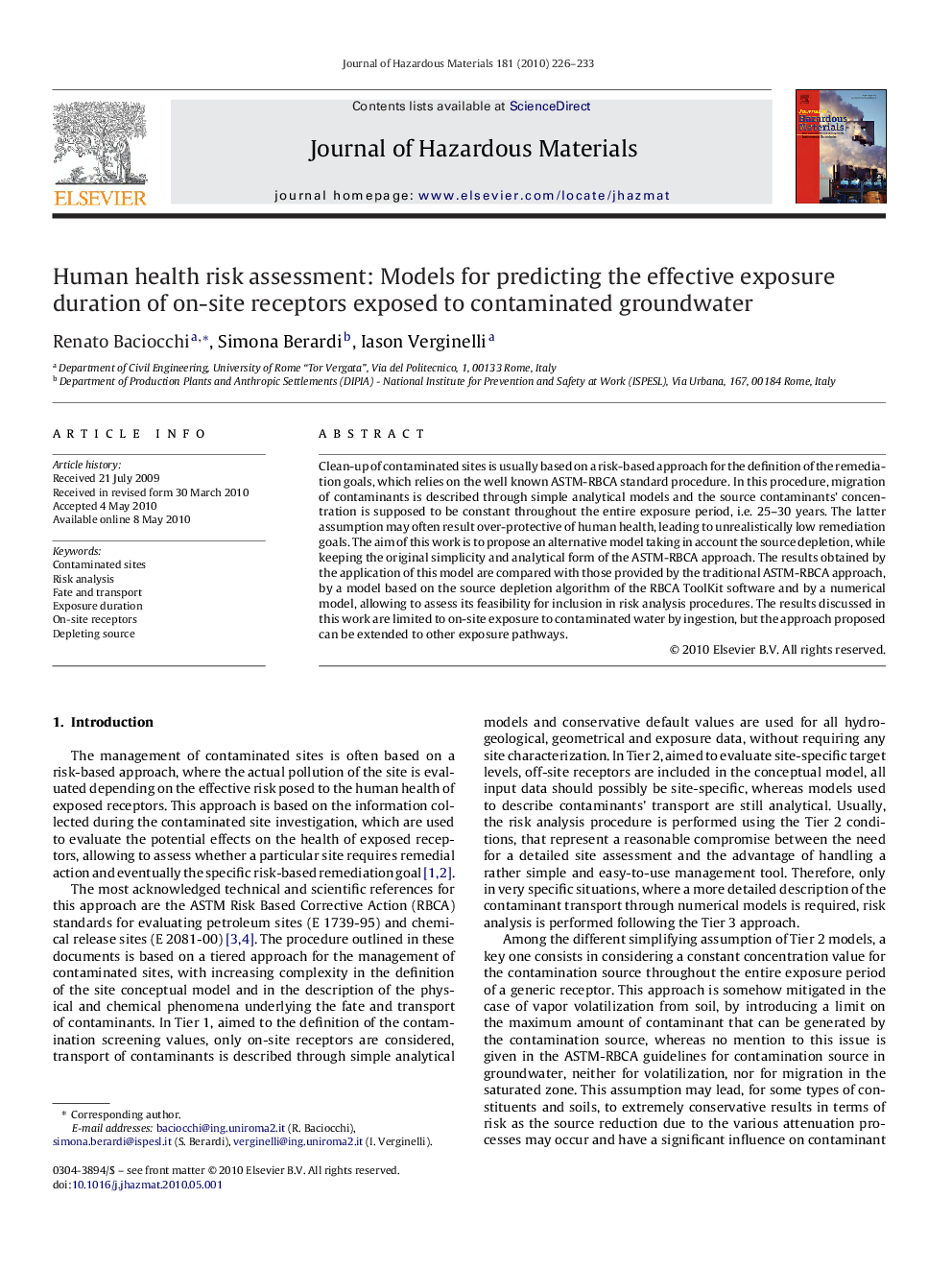 Human health risk assessment: Models for predicting the effective exposure duration of on-site receptors exposed to contaminated groundwater