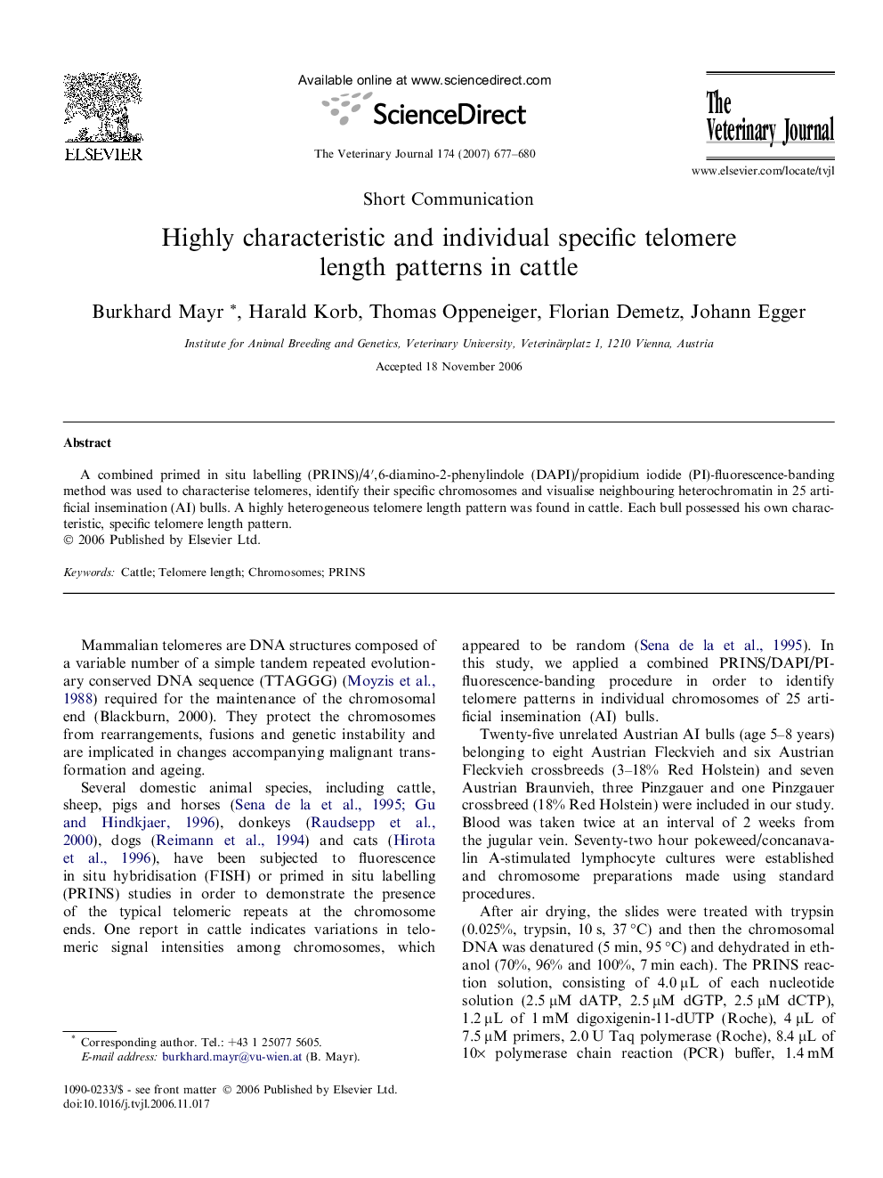 Highly characteristic and individual specific telomere length patterns in cattle