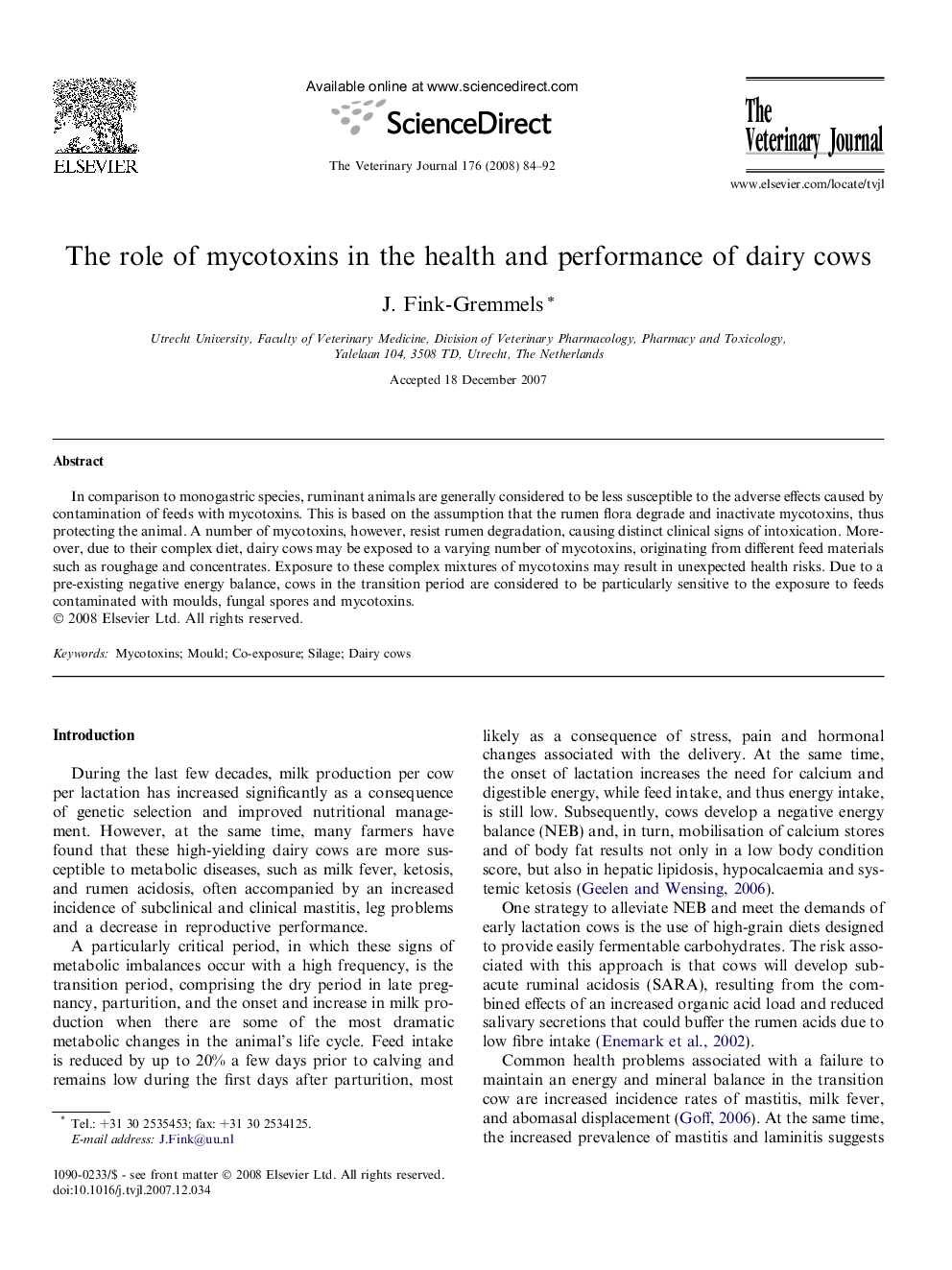 The role of mycotoxins in the health and performance of dairy cows