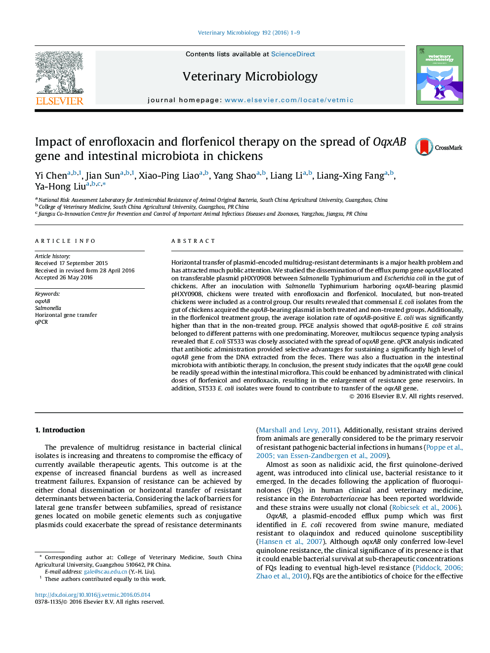 Impact of enrofloxacin and florfenicol therapy on the spread of OqxAB gene and intestinal microbiota in chickens