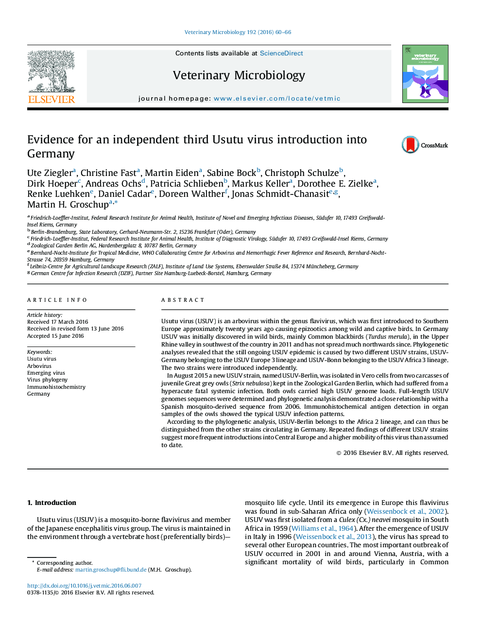 Evidence for an independent third Usutu virus introduction into Germany