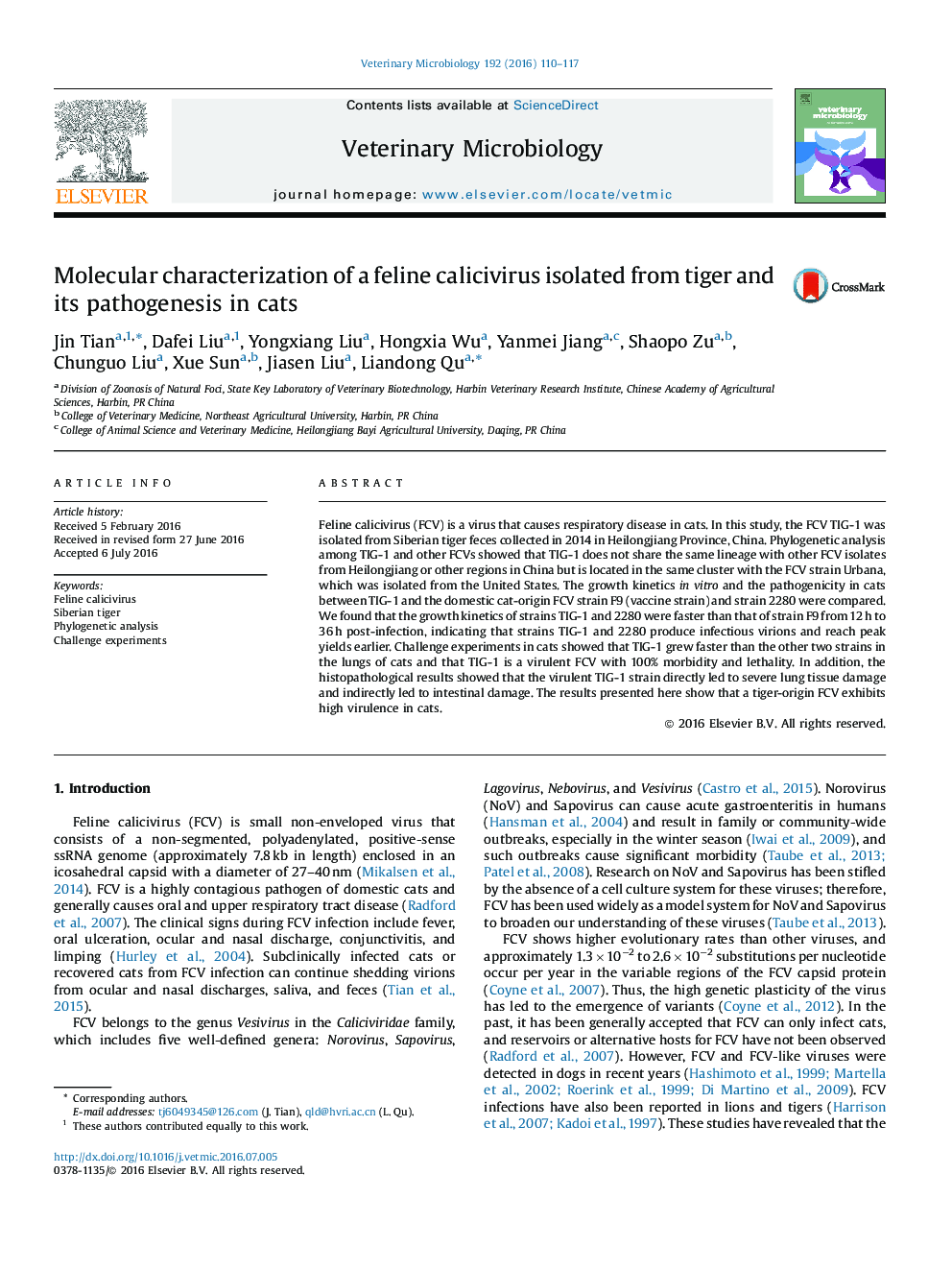 Molecular characterization of a feline calicivirus isolated from tiger and its pathogenesis in cats