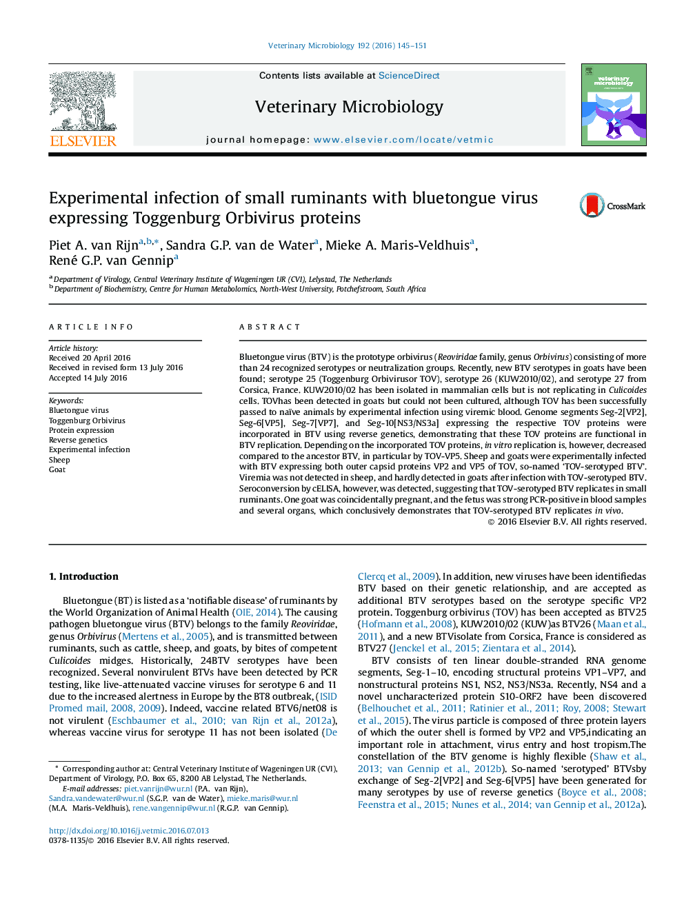 Experimental infection of small ruminants with bluetongue virus expressing Toggenburg Orbivirus proteins