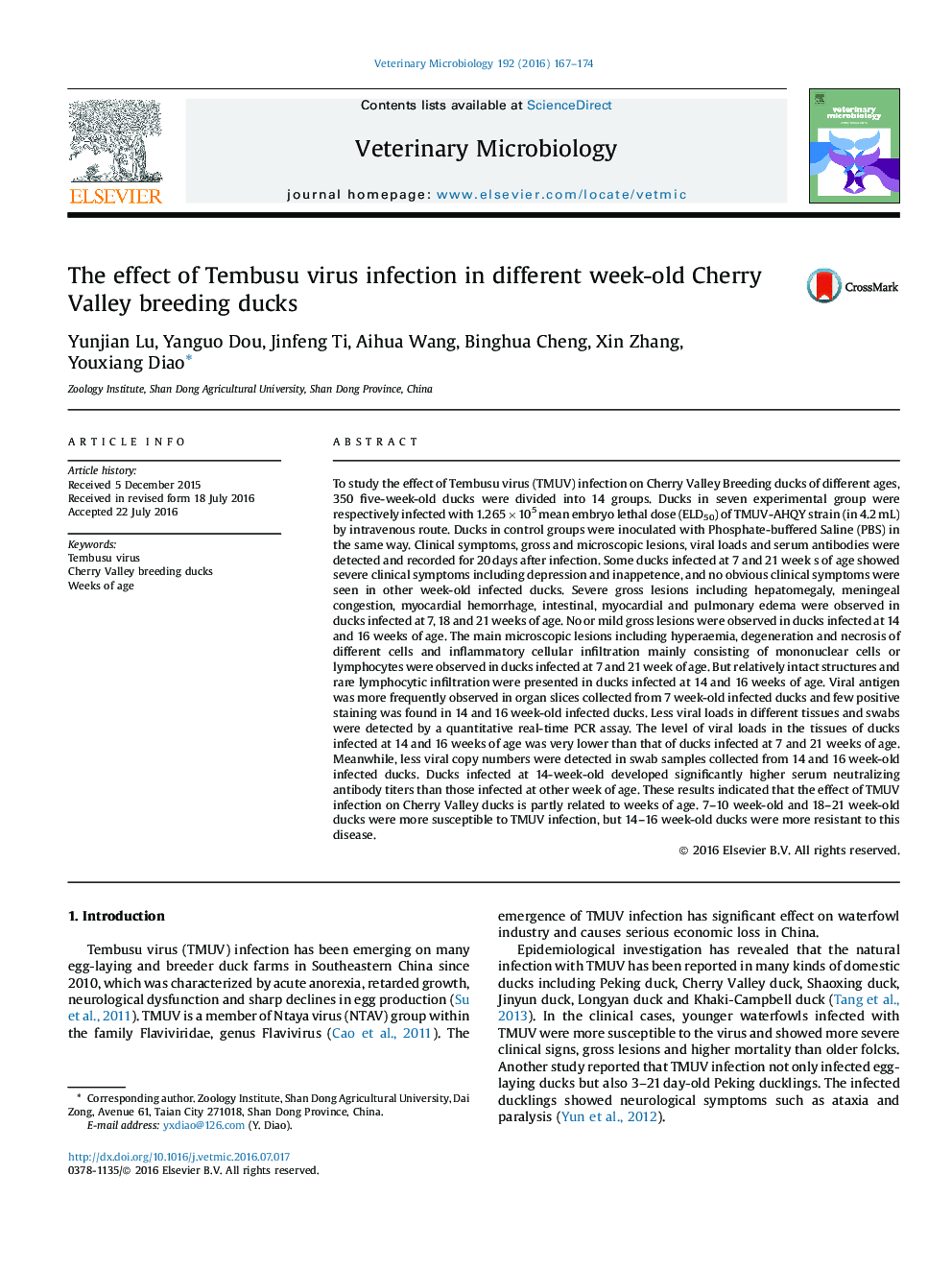 The effect of Tembusu virus infection in different week-old Cherry Valley breeding ducks