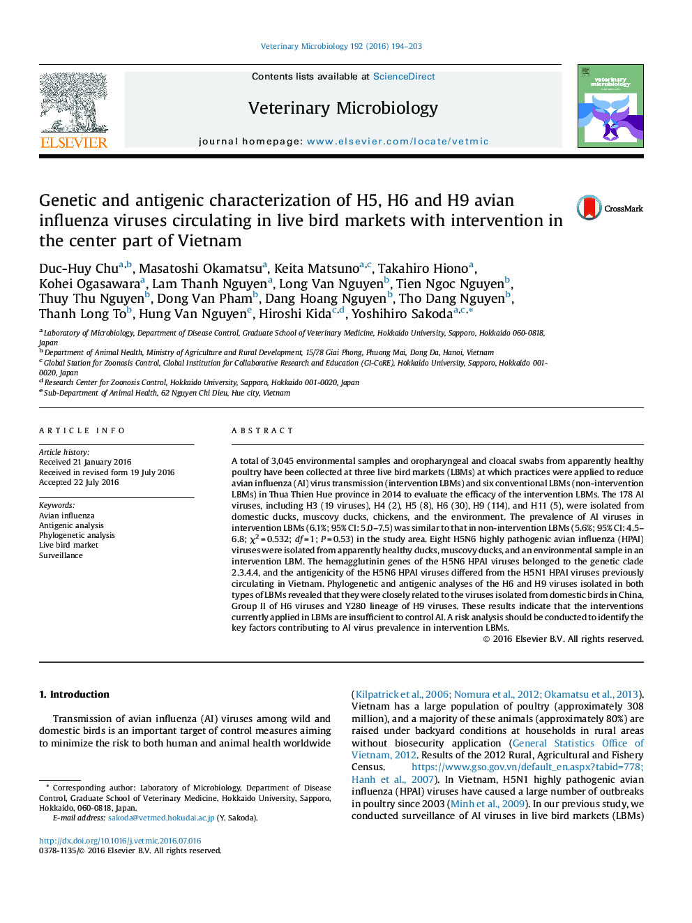 Genetic and antigenic characterization of H5, H6 and H9 avian influenza viruses circulating in live bird markets with intervention in the center part of Vietnam