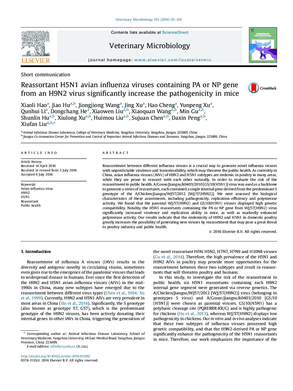 Reassortant H5N1 avian influenza viruses containing PA or NP gene from an H9N2 virus significantly increase the pathogenicity in mice