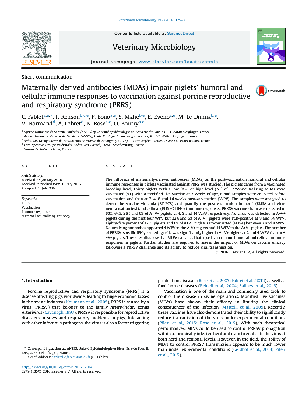 Maternally-derived antibodies (MDAs) impair piglets' humoral and cellular immune responses to vaccination against porcine reproductive and respiratory syndrome (PRRS)