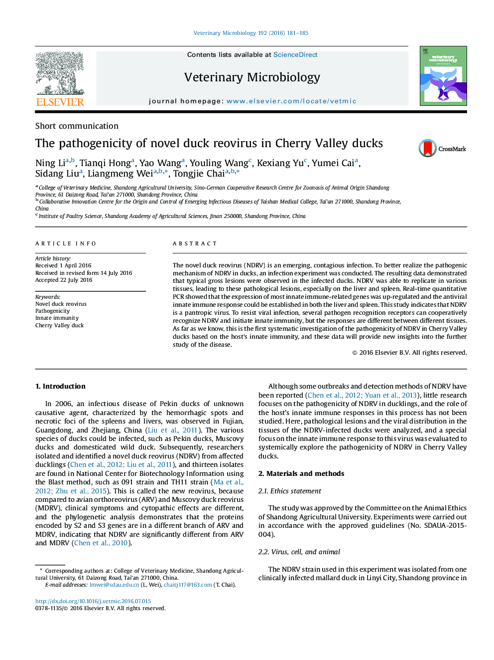 The pathogenicity of novel duck reovirus in Cherry Valley ducks