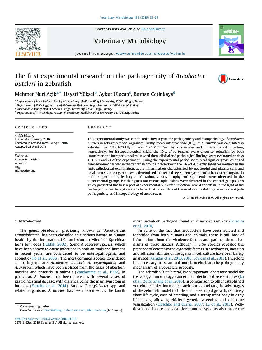 The first experimental research on the pathogenicity of Arcobacter butzleri in zebrafish