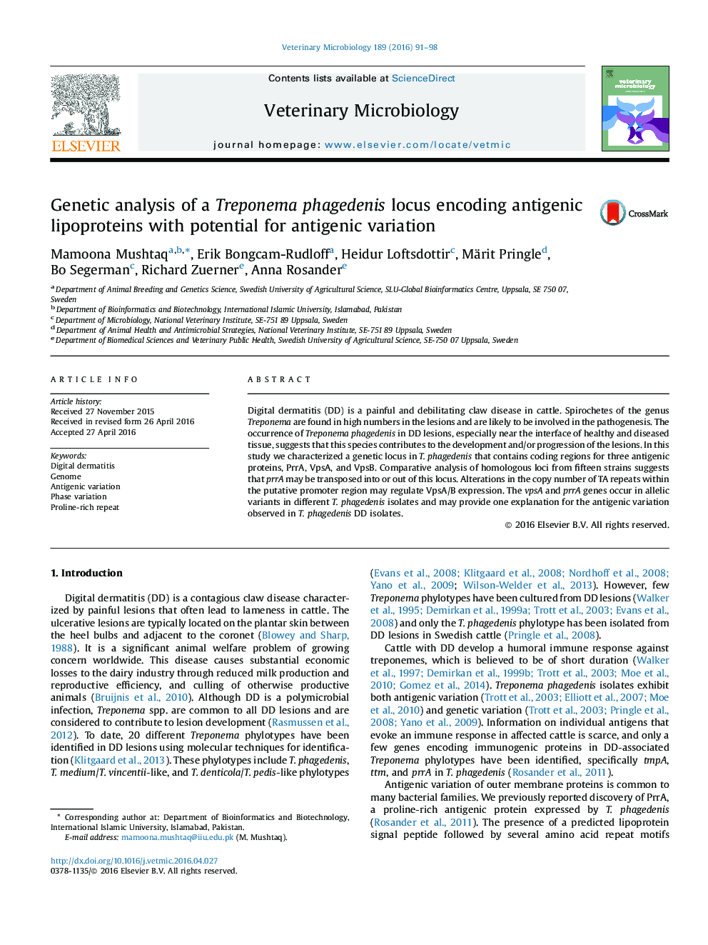 Genetic analysis of a Treponema phagedenis locus encoding antigenic lipoproteins with potential for antigenic variation