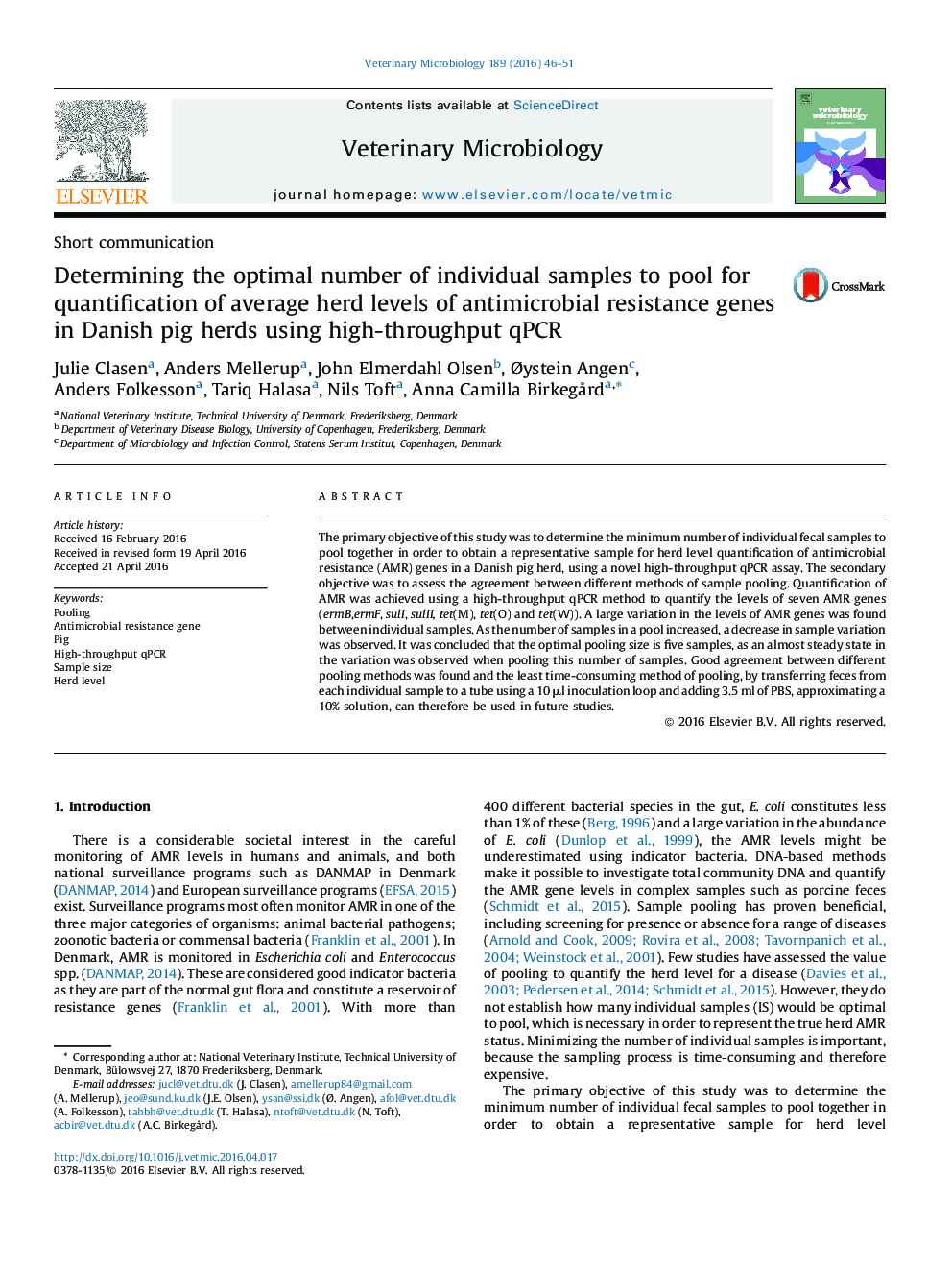 Determining the optimal number of individual samples to pool for quantification of average herd levels of antimicrobial resistance genes in Danish pig herds using high-throughput qPCR