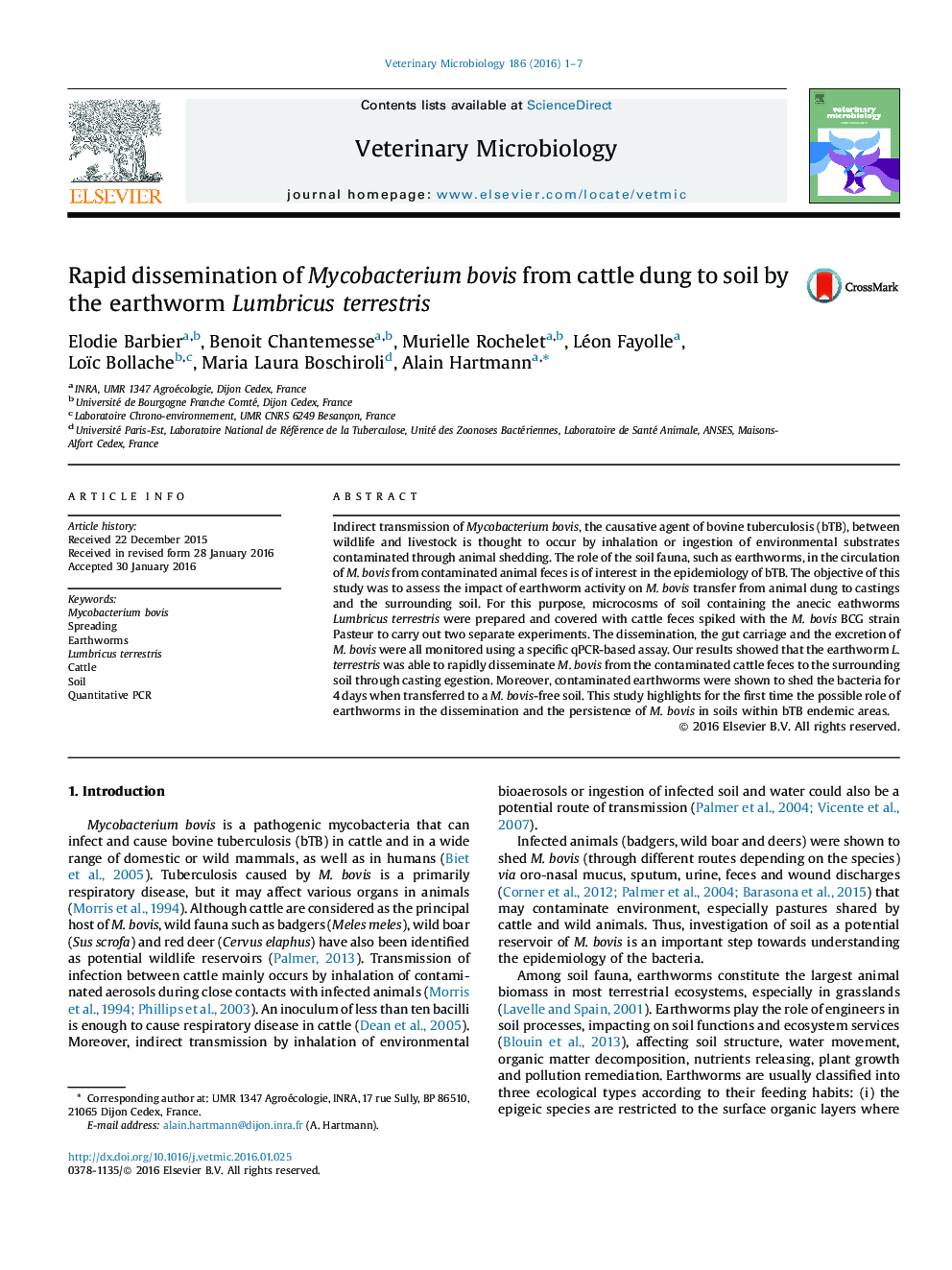 Rapid dissemination of Mycobacterium bovis from cattle dung to soil by the earthworm Lumbricus terrestris