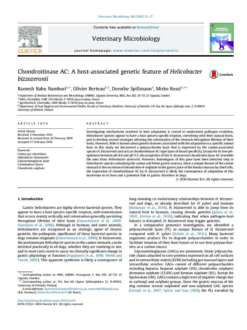 Chondroitinase AC: A host-associated genetic feature of Helicobacter bizzozeronii