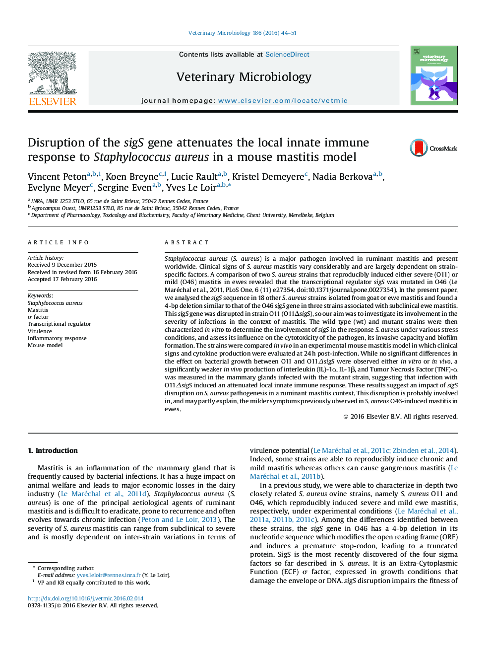 Disruption of the sigS gene attenuates the local innate immune response to Staphylococcus aureus in a mouse mastitis model