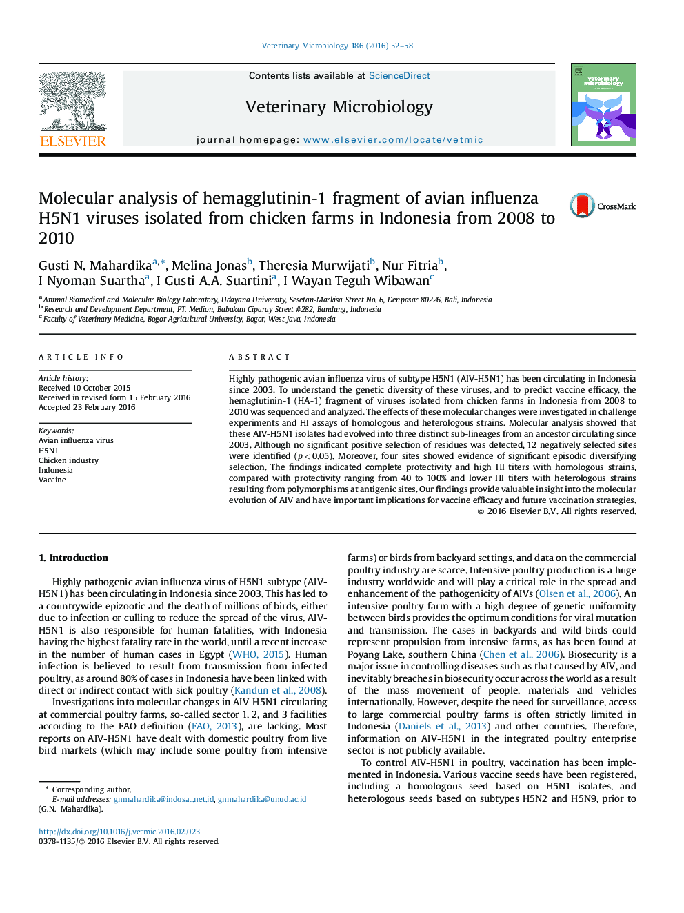 Molecular analysis of hemagglutinin-1 fragment of avian influenza H5N1 viruses isolated from chicken farms in Indonesia from 2008 to 2010