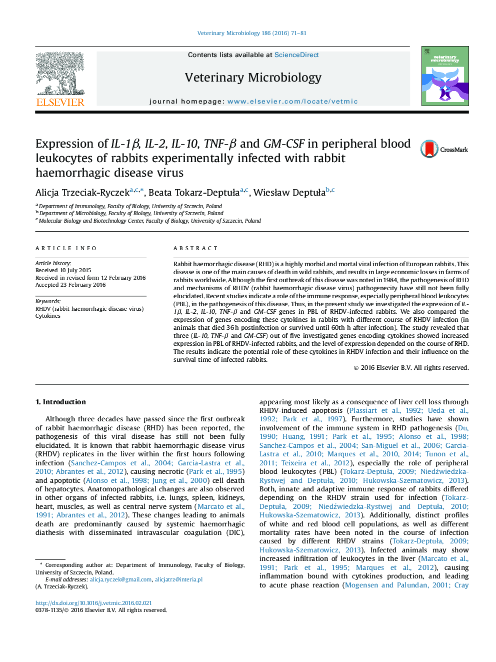 Expression of IL-1Î², IL-2, IL-10, TNF-Î² and GM-CSF in peripheral blood leukocytes of rabbits experimentally infected with rabbit haemorrhagic disease virus