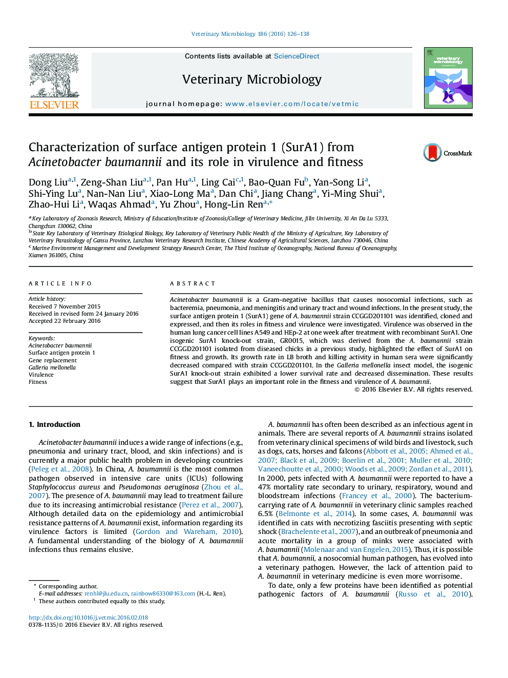 Characterization of surface antigen protein 1 (SurA1) from Acinetobacter baumannii and its role in virulence and fitness