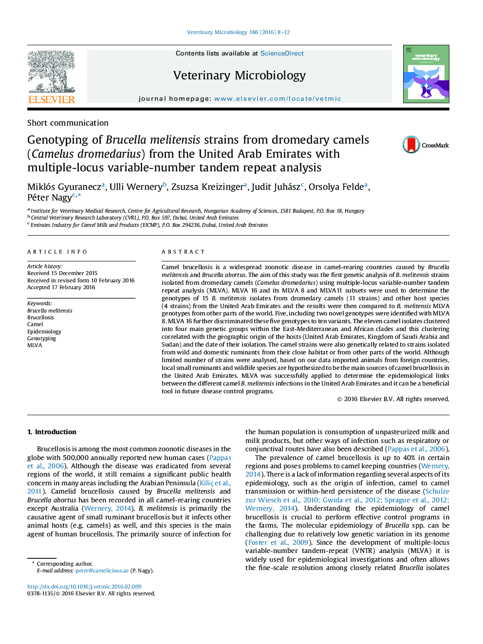 Genotyping of Brucella melitensis strains from dromedary camels (Camelus dromedarius) from the United Arab Emirates with multiple-locus variable-number tandem repeat analysis