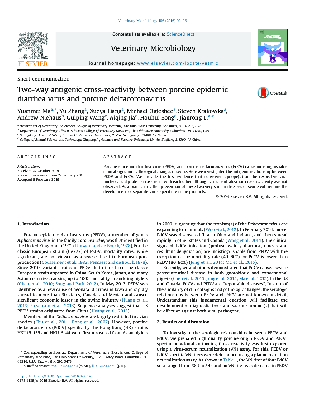 Two-way antigenic cross-reactivity between porcine epidemic diarrhea virus and porcine deltacoronavirus