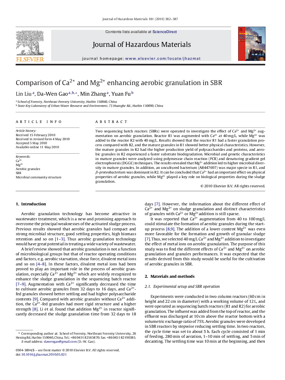 Comparison of Ca2+ and Mg2+ enhancing aerobic granulation in SBR