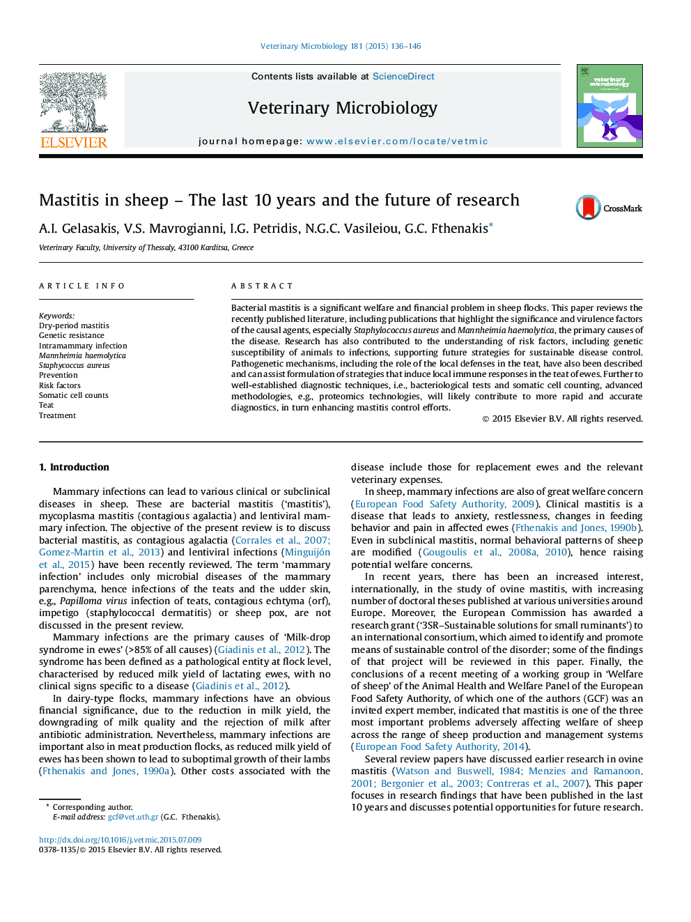 Mastitis in sheep - The last 10 years and the future of research