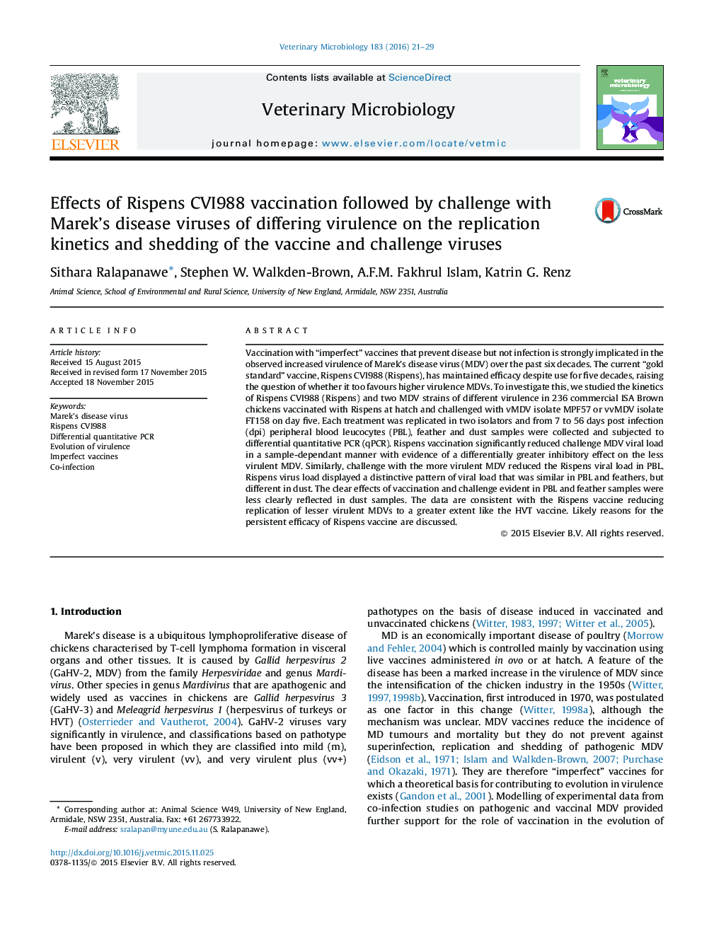 Effects of Rispens CVI988 vaccination followed by challenge with Marek's disease viruses of differing virulence on the replication kinetics and shedding of the vaccine and challenge viruses