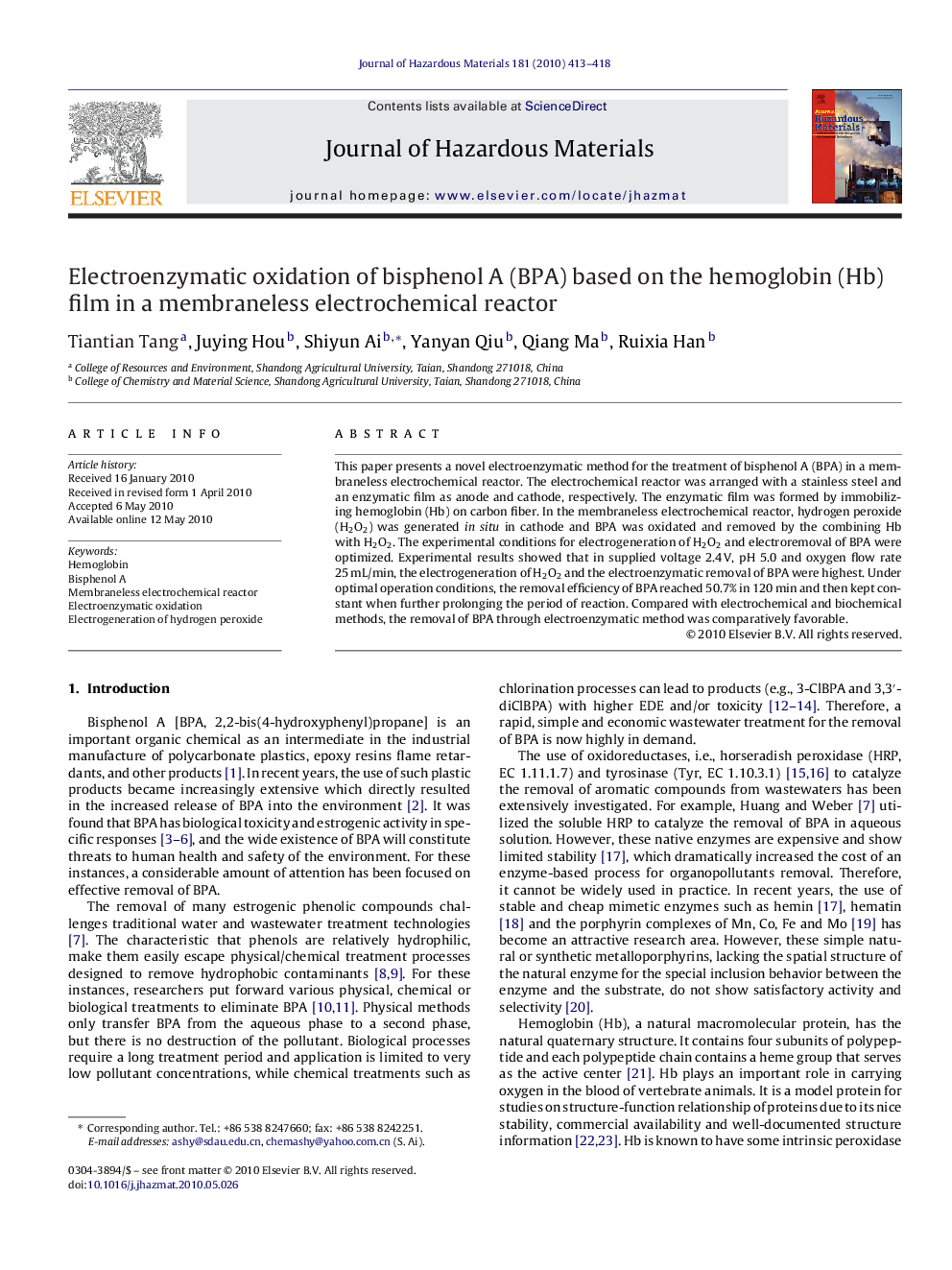 Electroenzymatic oxidation of bisphenol A (BPA) based on the hemoglobin (Hb) film in a membraneless electrochemical reactor