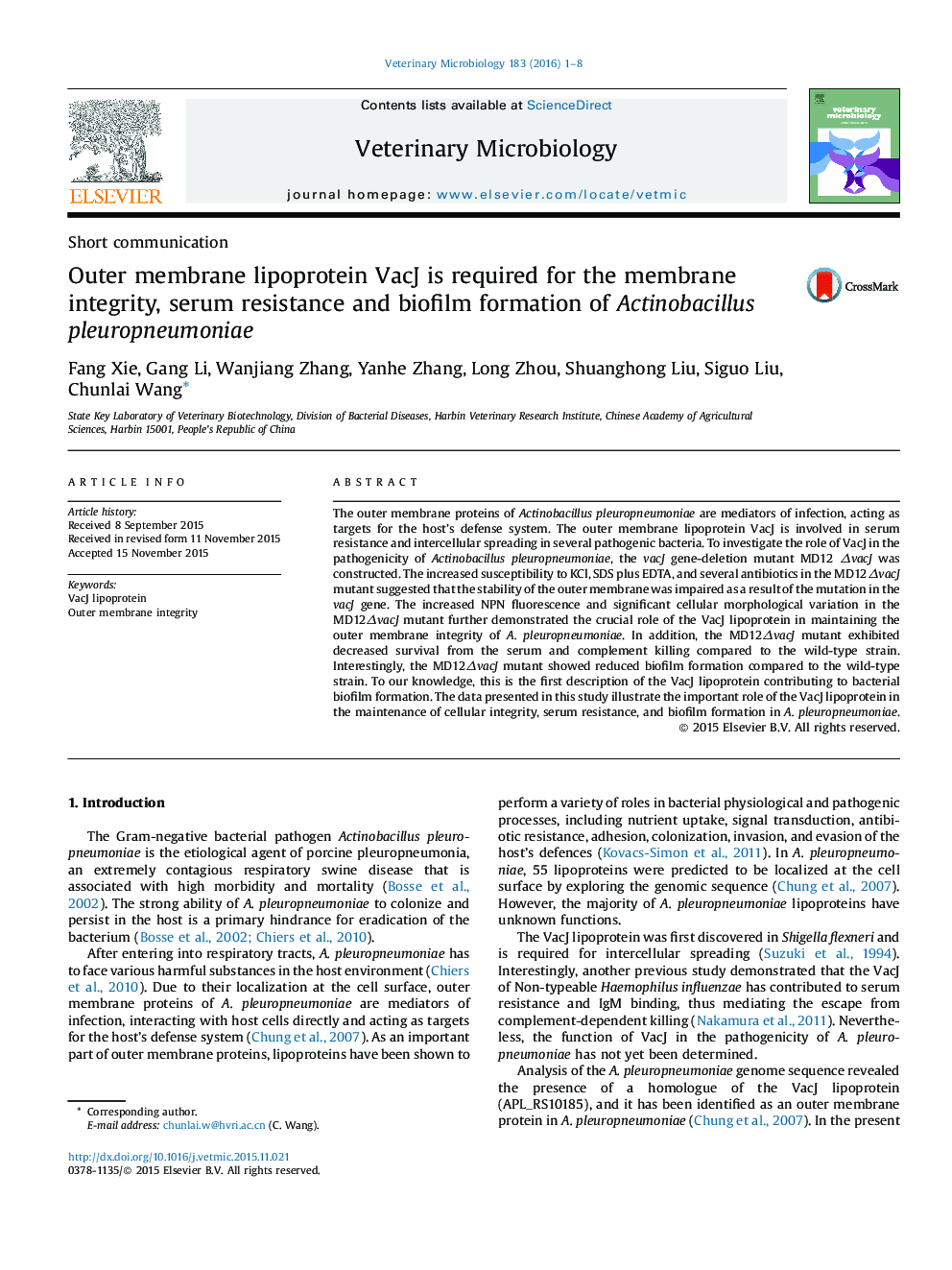 Outer membrane lipoprotein VacJ is required for the membrane integrity, serum resistance and biofilm formation of Actinobacillus pleuropneumoniae