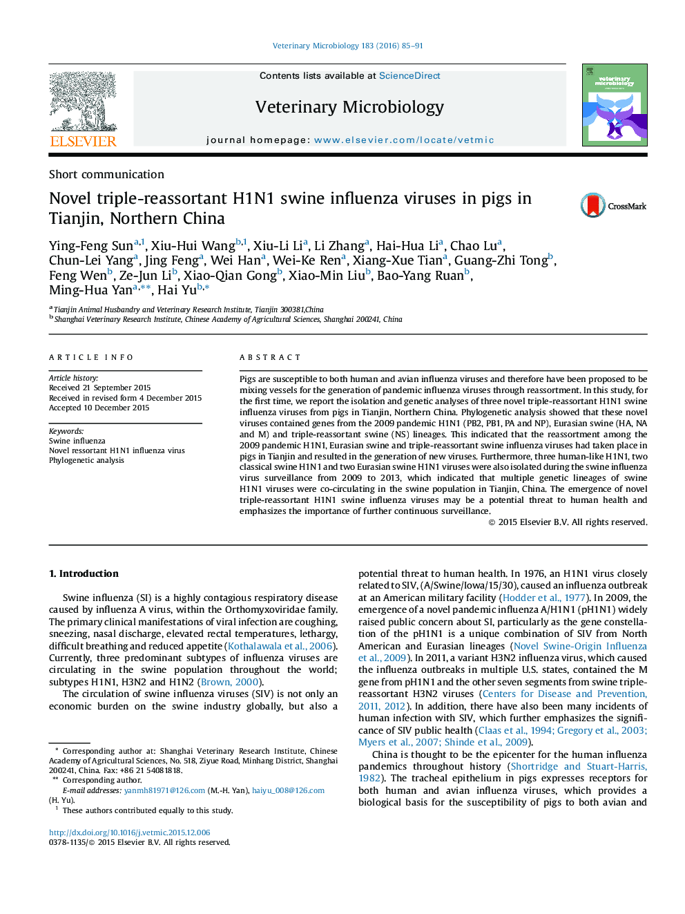 Novel triple-reassortant H1N1 swine influenza viruses in pigs in Tianjin, Northern China