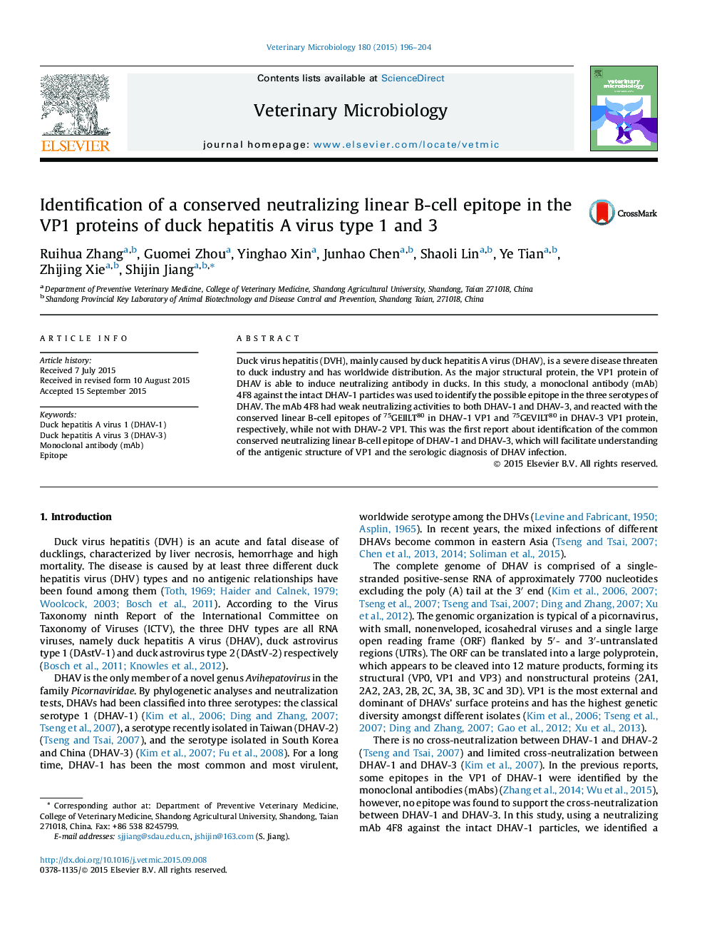 Identification of a conserved neutralizing linear B-cell epitope in the VP1 proteins of duck hepatitis A virus type 1 and 3