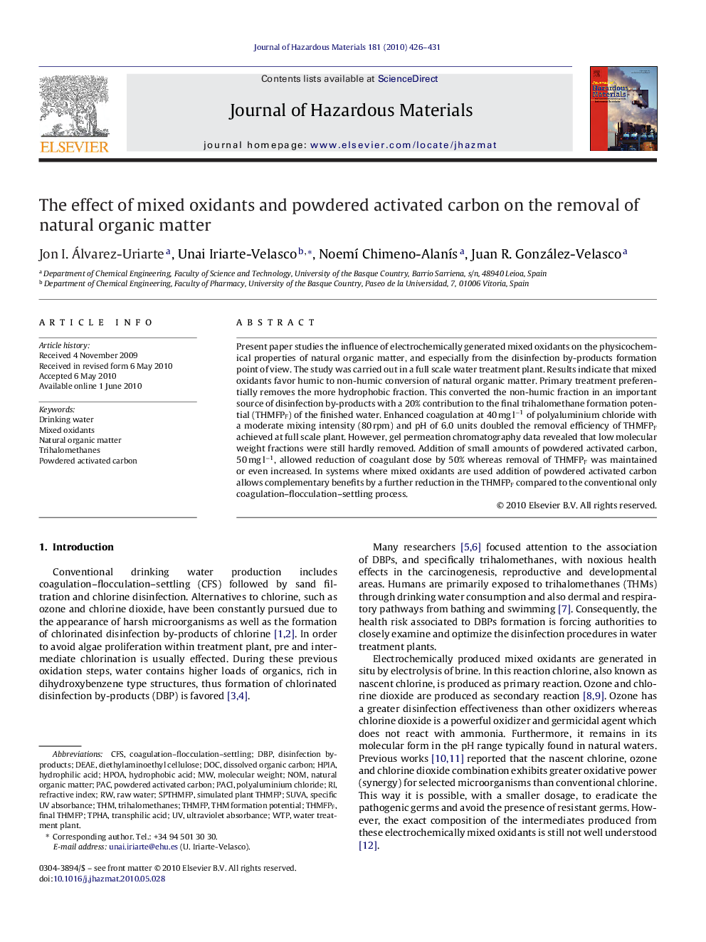 The effect of mixed oxidants and powdered activated carbon on the removal of natural organic matter